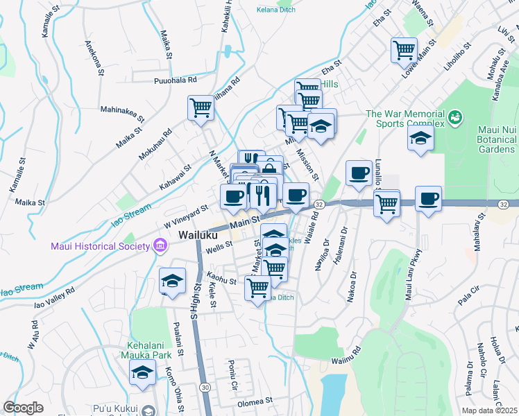 map of restaurants, bars, coffee shops, grocery stores, and more near 22 Maluhia Drive in Wailuku