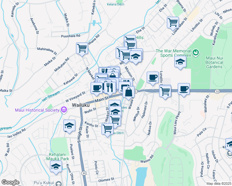 map of restaurants, bars, coffee shops, grocery stores, and more near in Wailuku
