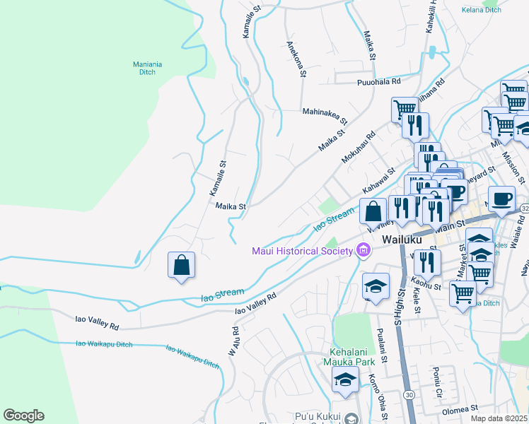map of restaurants, bars, coffee shops, grocery stores, and more near 122 Maika Street in Wailuku