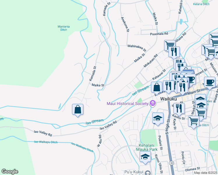map of restaurants, bars, coffee shops, grocery stores, and more near 122 Maika Street in Wailuku