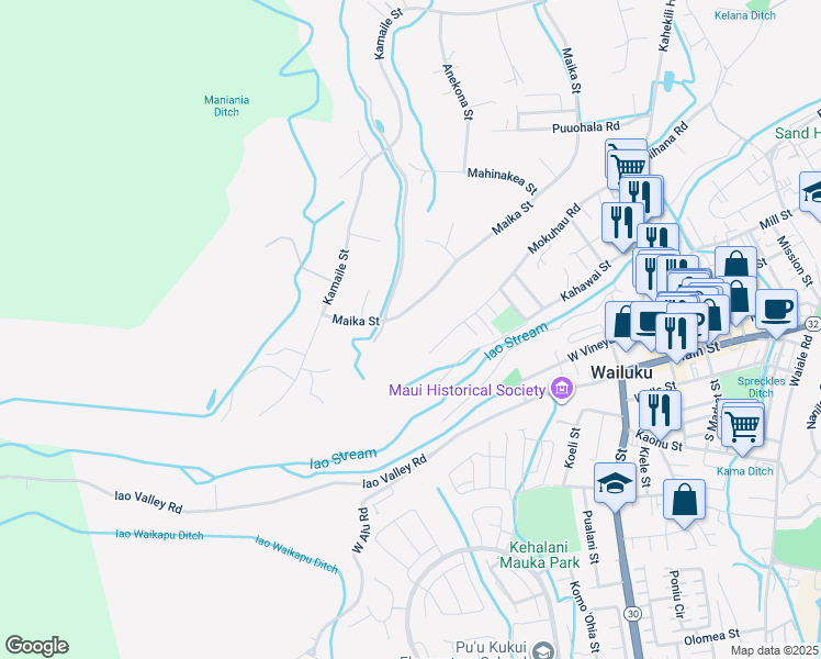 map of restaurants, bars, coffee shops, grocery stores, and more near 122 Maika Street in Wailuku