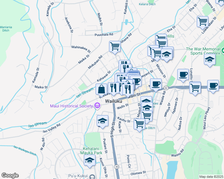 map of restaurants, bars, coffee shops, grocery stores, and more near 2170 West Vineyard Street in Wailuku