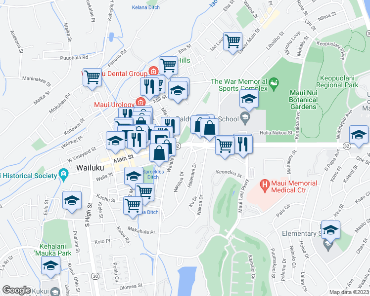 map of restaurants, bars, coffee shops, grocery stores, and more near 35 Naniluna Place in Wailuku