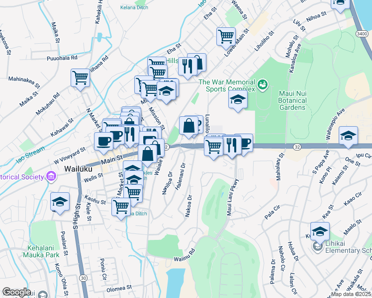 map of restaurants, bars, coffee shops, grocery stores, and more near 35 Kainani Street in Wailuku