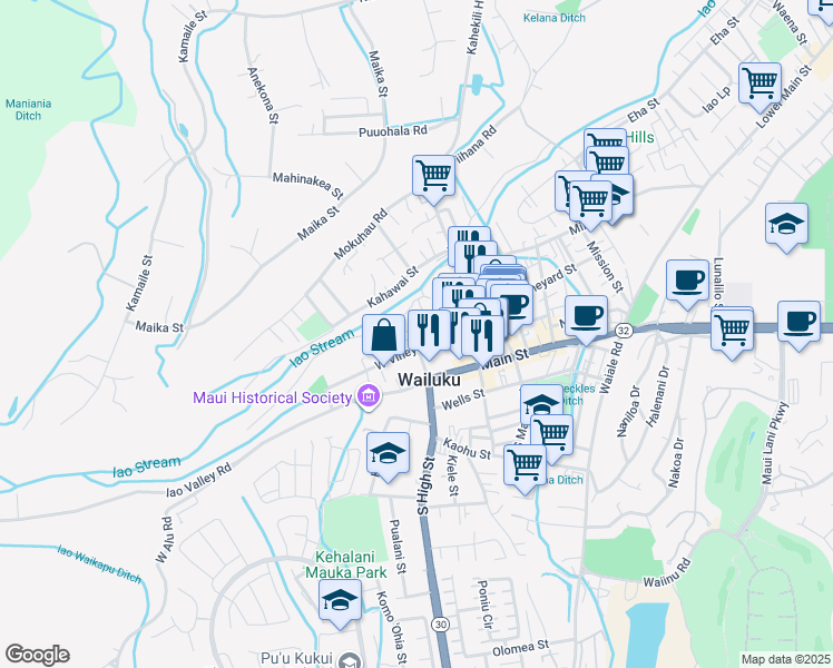 map of restaurants, bars, coffee shops, grocery stores, and more near 2235 Holowai Place in Wailuku