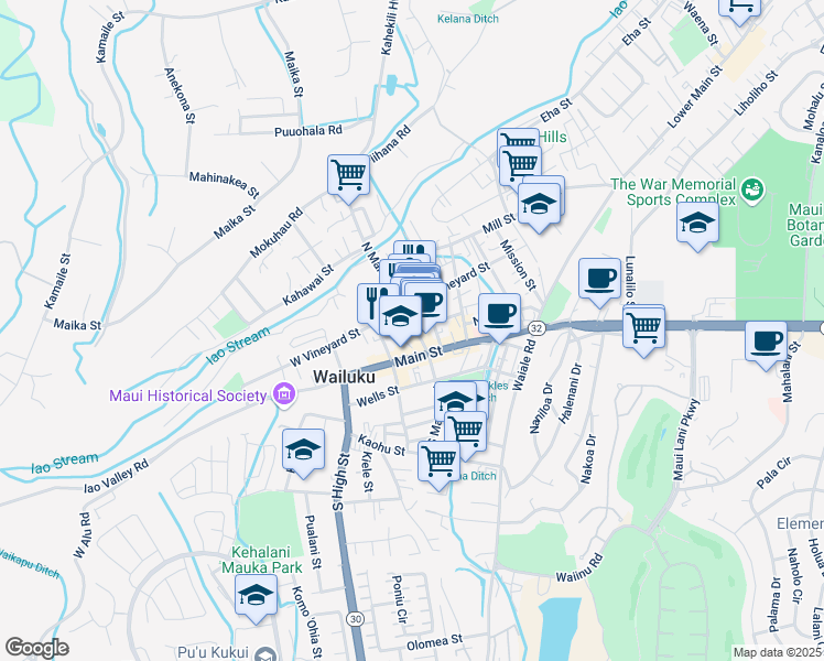 map of restaurants, bars, coffee shops, grocery stores, and more near 51 North Market Street in Wailuku