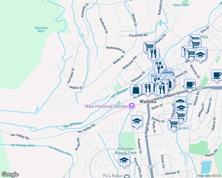 map of restaurants, bars, coffee shops, grocery stores, and more near 2259 Mokuhau Road in Wailuku