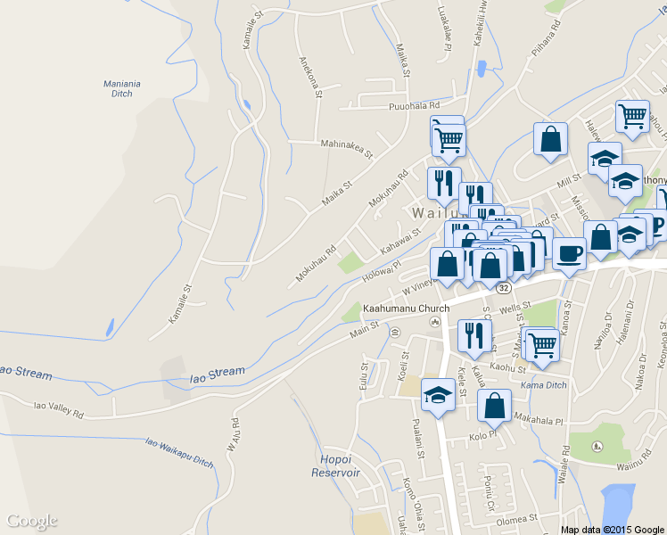 map of restaurants, bars, coffee shops, grocery stores, and more near 2259 Mokuhau Road in Wailuku