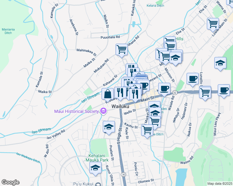 map of restaurants, bars, coffee shops, grocery stores, and more near 2235 Holowai Place in Wailuku