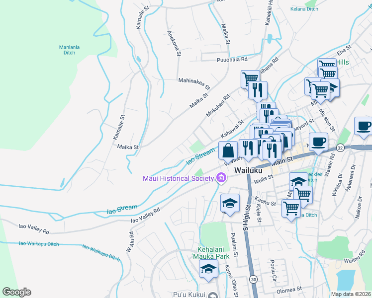 map of restaurants, bars, coffee shops, grocery stores, and more near Nenea Street in Wailuku