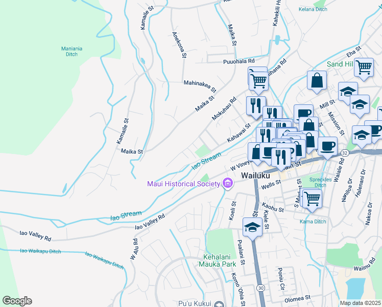 map of restaurants, bars, coffee shops, grocery stores, and more near 2259 Mokuhau Road in Wailuku