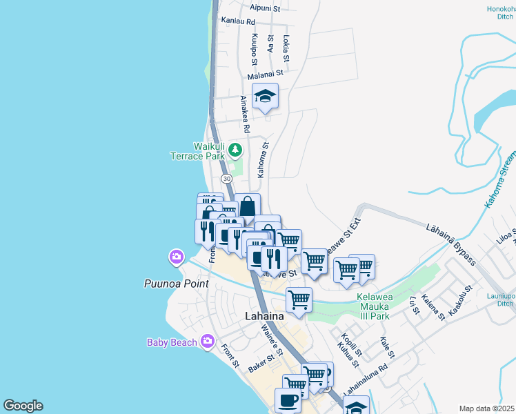map of restaurants, bars, coffee shops, grocery stores, and more near 1267 Nahale Place in Lahaina
