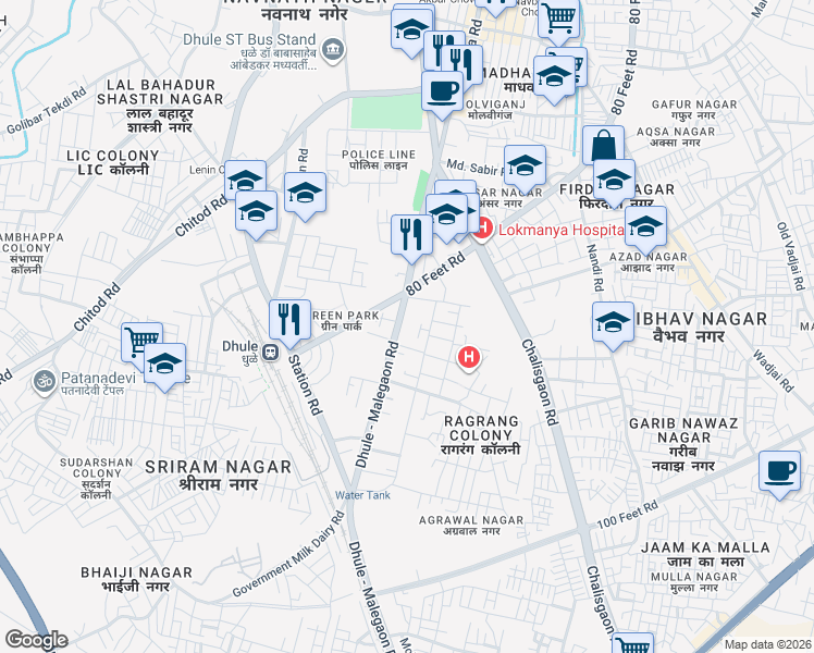 map of restaurants, bars, coffee shops, grocery stores, and more near Malegaon Road in Dhule
