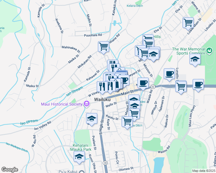 map of restaurants, bars, coffee shops, grocery stores, and more near 2122 W Vineyard St in Wailuku