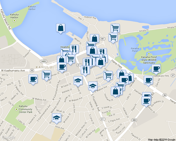 map of restaurants, bars, coffee shops, grocery stores, and more near 100 E Kamehameha Ave in Kahului