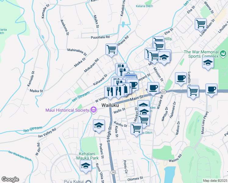 map of restaurants, bars, coffee shops, grocery stores, and more near 2132 West Vineyard Street in Wailuku