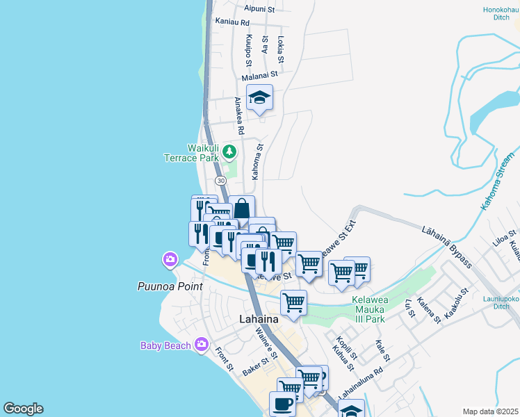 map of restaurants, bars, coffee shops, grocery stores, and more near 1270 Nahale Place in Lahaina