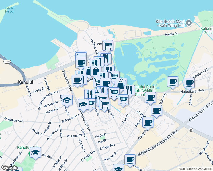 map of restaurants, bars, coffee shops, grocery stores, and more near 173 Alamaha Street in Kahului