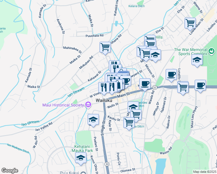 map of restaurants, bars, coffee shops, grocery stores, and more near 2122 West Vineyard Street in Wailuku
