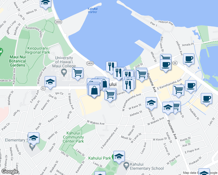 map of restaurants, bars, coffee shops, grocery stores, and more near 119 Kane Street in Kahului
