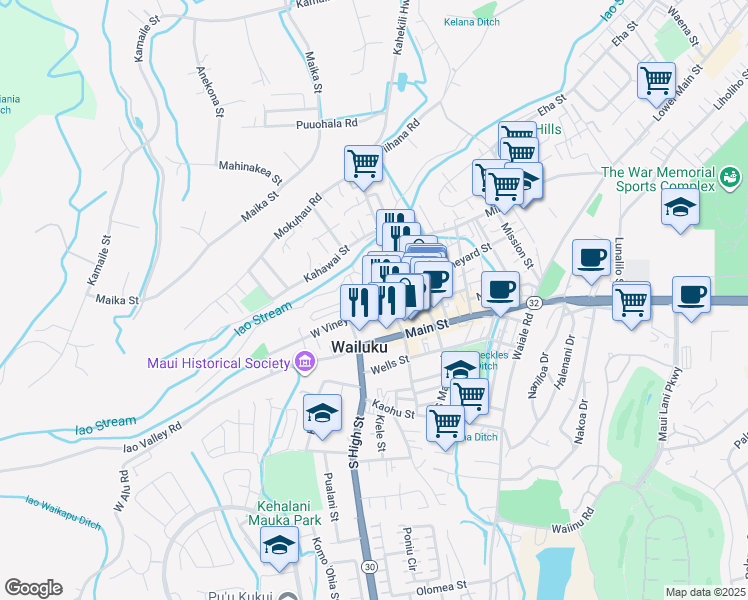 map of restaurants, bars, coffee shops, grocery stores, and more near 2126 West Vineyard Street in Wailuku