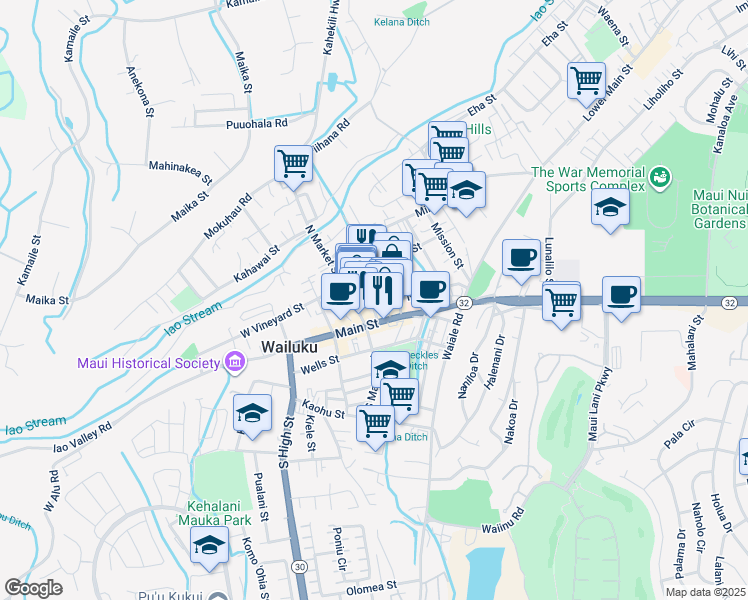 map of restaurants, bars, coffee shops, grocery stores, and more near 42 Maluhia Drive in Wailuku