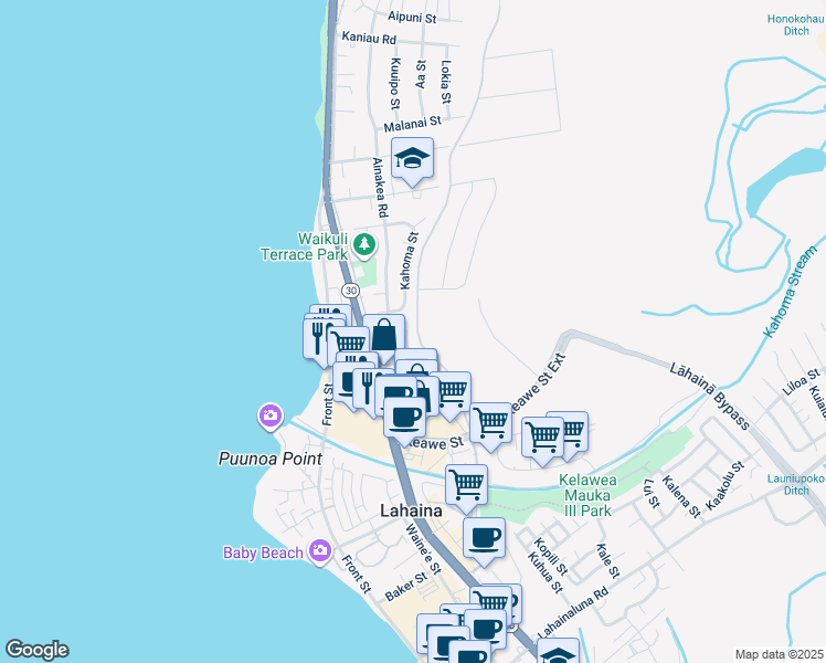 map of restaurants, bars, coffee shops, grocery stores, and more near 1270 Nahale Place in Lahaina