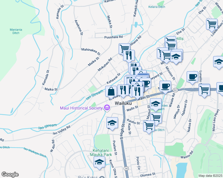 map of restaurants, bars, coffee shops, grocery stores, and more near 2265 Holowai Place in Wailuku