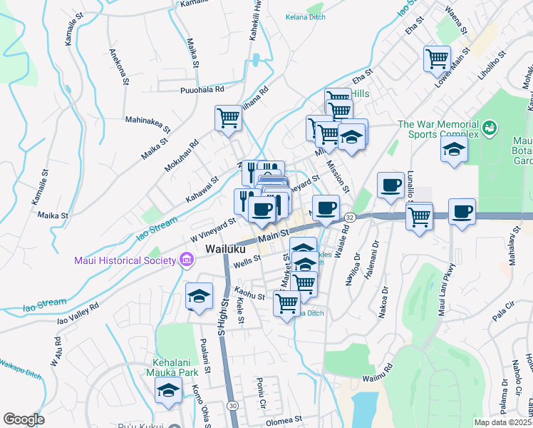 map of restaurants, bars, coffee shops, grocery stores, and more near 51 North Market Street in Wailuku
