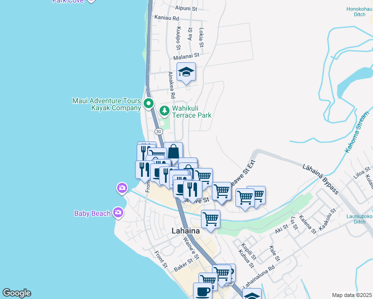 map of restaurants, bars, coffee shops, grocery stores, and more near 1276 Nahale Place in Lahaina