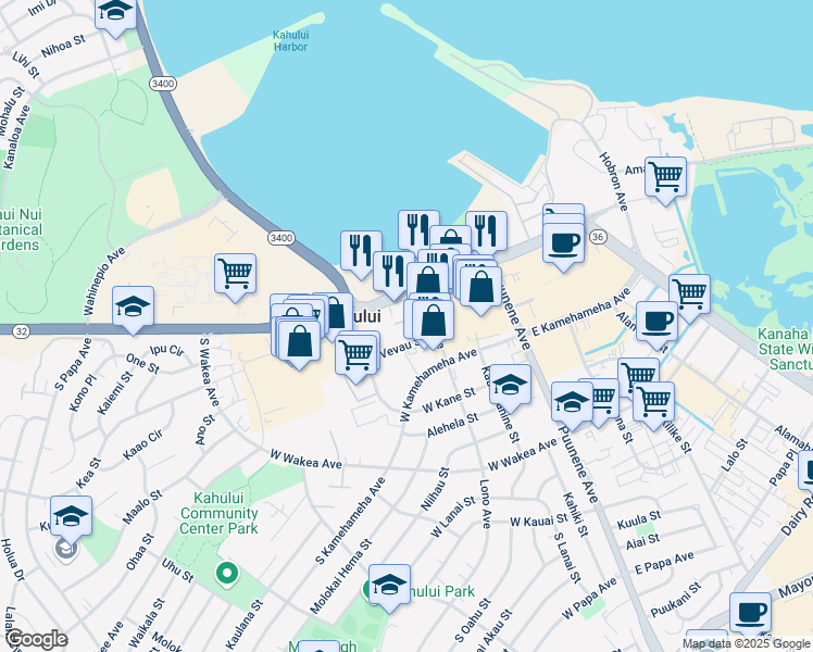 map of restaurants, bars, coffee shops, grocery stores, and more near 50 Vevau Street in Kahului