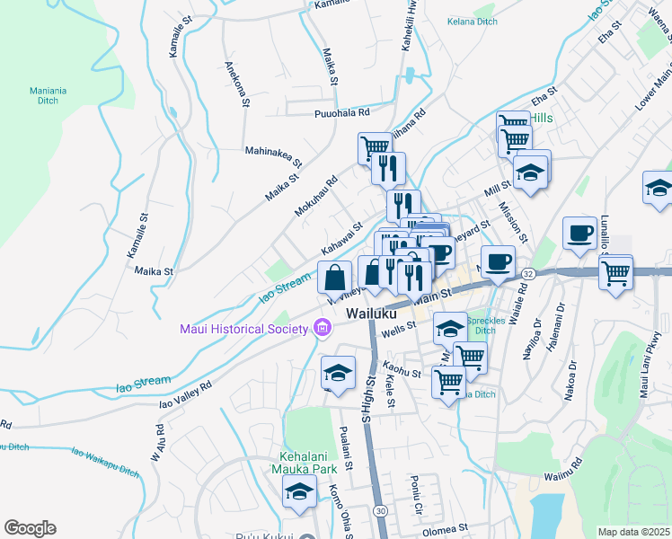 map of restaurants, bars, coffee shops, grocery stores, and more near 2265 Holowai Place in Wailuku