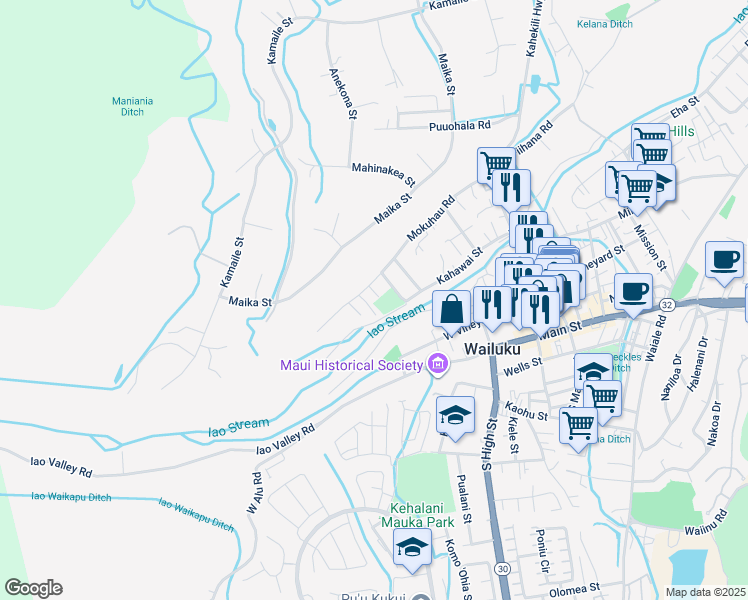 map of restaurants, bars, coffee shops, grocery stores, and more near 375 Hanalei Place in Wailuku