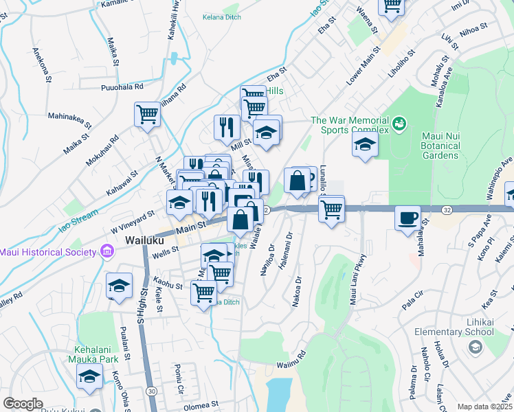 map of restaurants, bars, coffee shops, grocery stores, and more near 1792 Main St in Wailuku