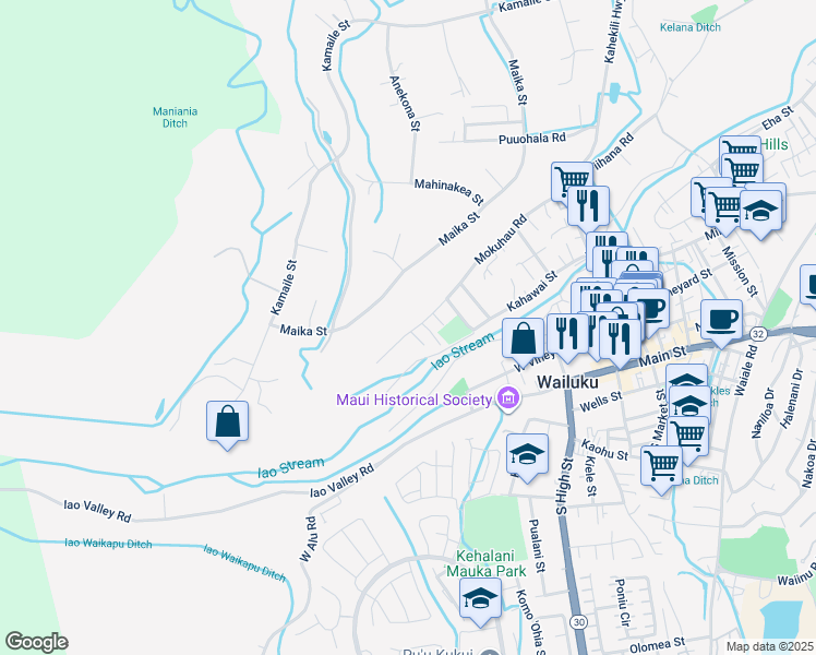 map of restaurants, bars, coffee shops, grocery stores, and more near 2276 Mokuhau Road in Wailuku