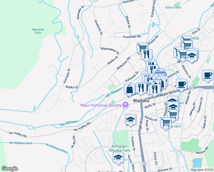 map of restaurants, bars, coffee shops, grocery stores, and more near 381 Hanalei Place in Wailuku