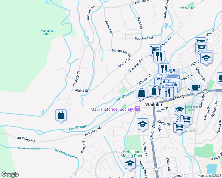 map of restaurants, bars, coffee shops, grocery stores, and more near 2276 Mokuhau Road in Wailuku