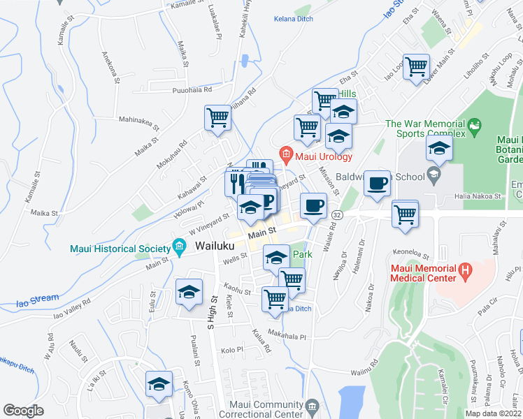 map of restaurants, bars, coffee shops, grocery stores, and more near 68 North Market Street in Wailuku