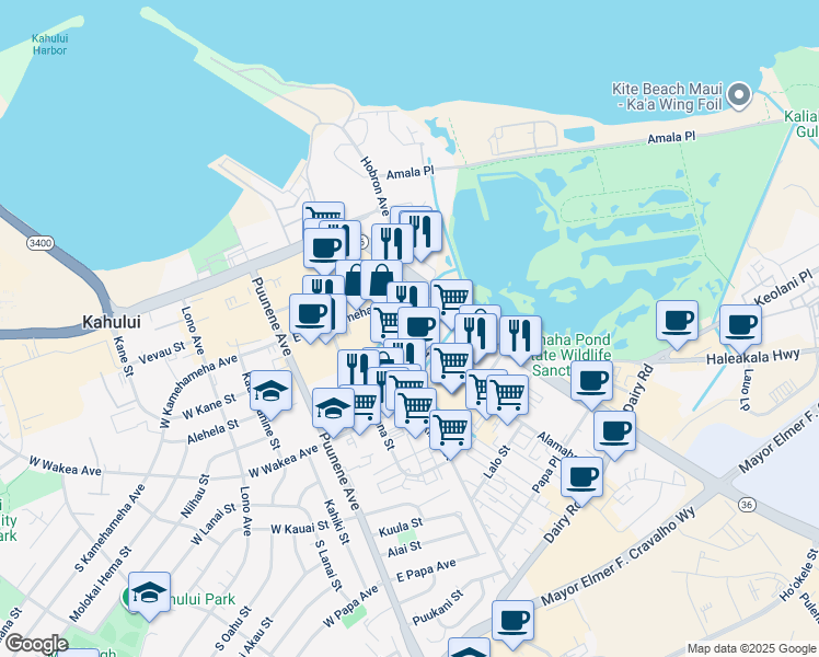 map of restaurants, bars, coffee shops, grocery stores, and more near 153 Alamaha Street in Kahului