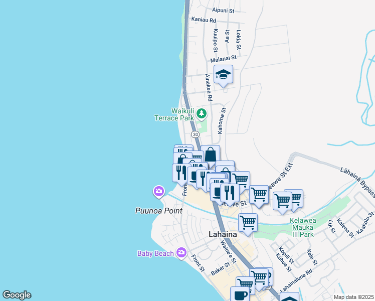 map of restaurants, bars, coffee shops, grocery stores, and more near 26 Huea Street in Lahaina