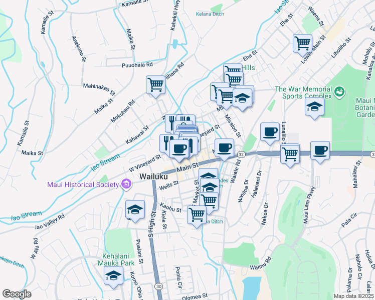 map of restaurants, bars, coffee shops, grocery stores, and more near 68 North Market Street in Wailuku