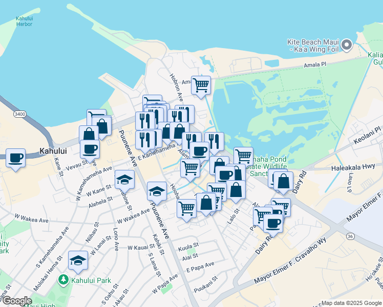 map of restaurants, bars, coffee shops, grocery stores, and more near 153 Alamaha Street in Kahului