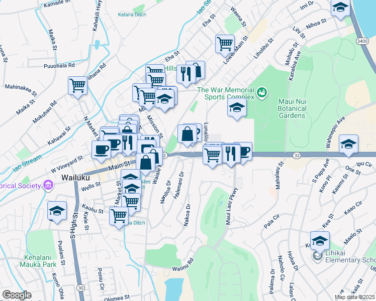 map of restaurants, bars, coffee shops, grocery stores, and more near 1750 West Kaahumanu Avenue in Wailuku