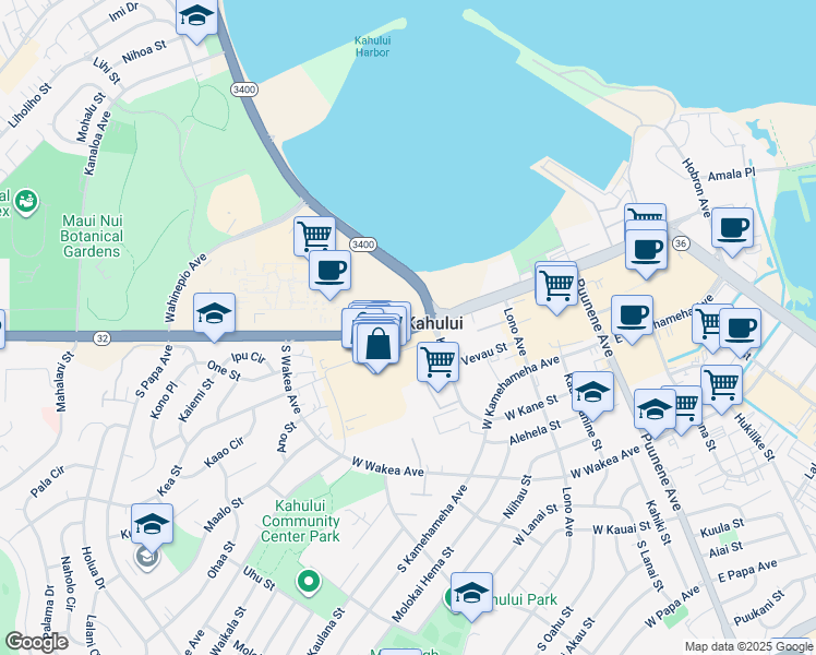 map of restaurants, bars, coffee shops, grocery stores, and more near 0 Kahului Beach Road in Kahului