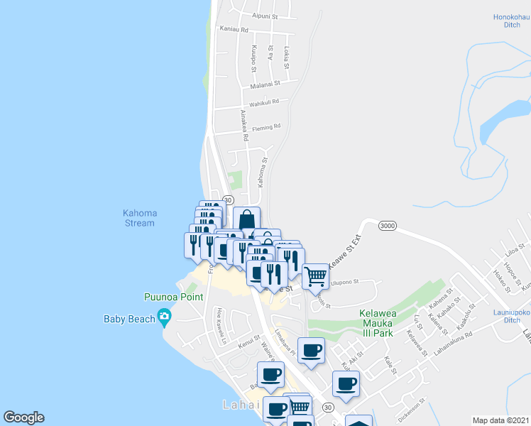 map of restaurants, bars, coffee shops, grocery stores, and more near 1276 Nahale Place in Lahaina