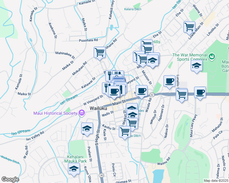 map of restaurants, bars, coffee shops, grocery stores, and more near 51 North Market Street in Wailuku