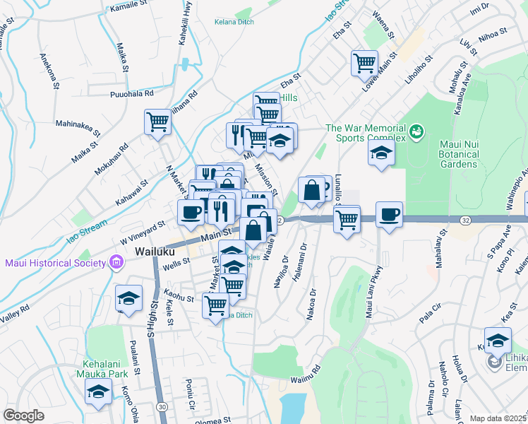 map of restaurants, bars, coffee shops, grocery stores, and more near 1803 Nani Street in Wailuku