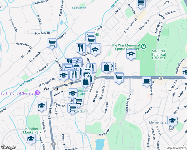 map of restaurants, bars, coffee shops, grocery stores, and more near 1792 Main Street in Wailuku