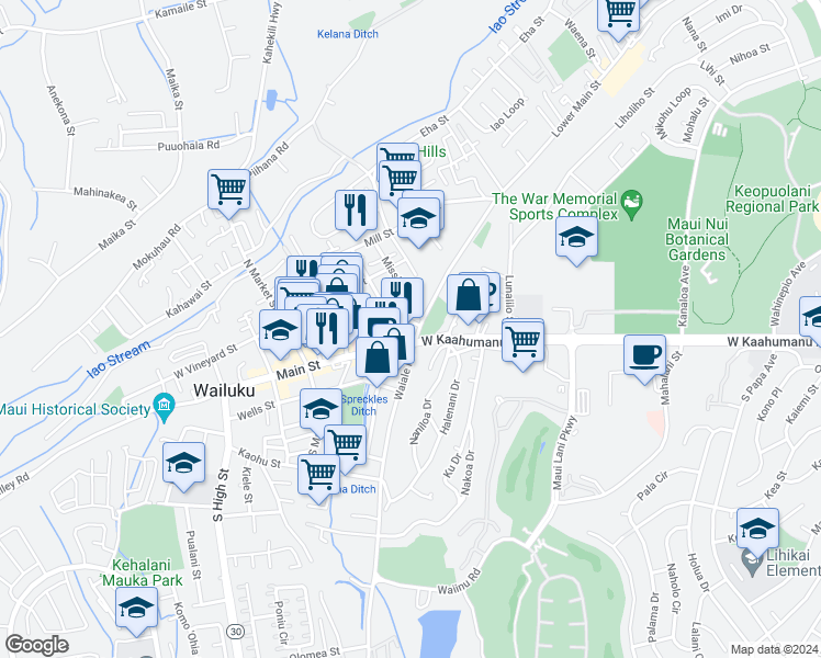 map of restaurants, bars, coffee shops, grocery stores, and more near 1774 Lower Main Street in Wailuku