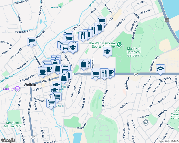 map of restaurants, bars, coffee shops, grocery stores, and more near 15 Lunalilo Street in Wailuku